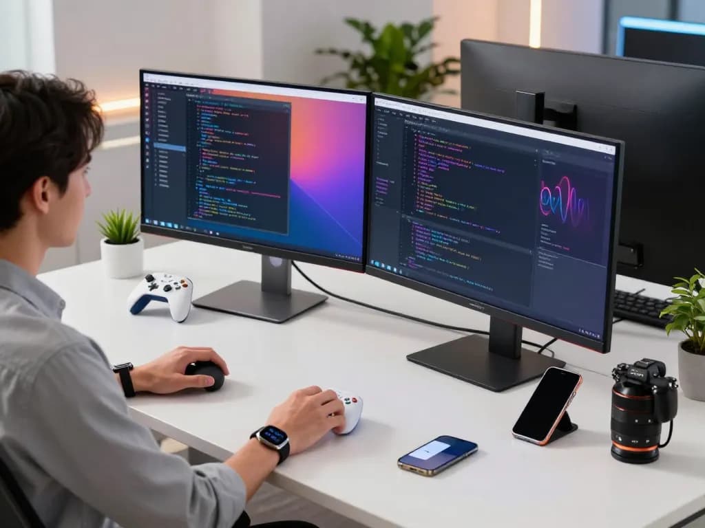 Spotlight on top 10 tech gadgets 2095 in a modern workspace, featuring Bluetooth devices and tech innovations.