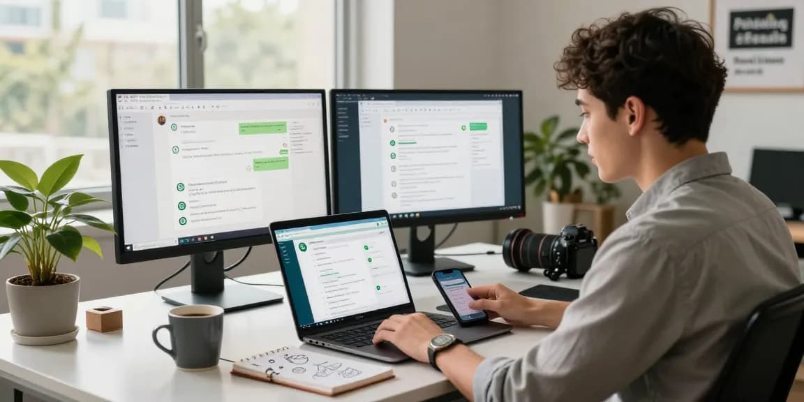 Profession using WhatsApp網頁版 on laptop in a modern office environment.