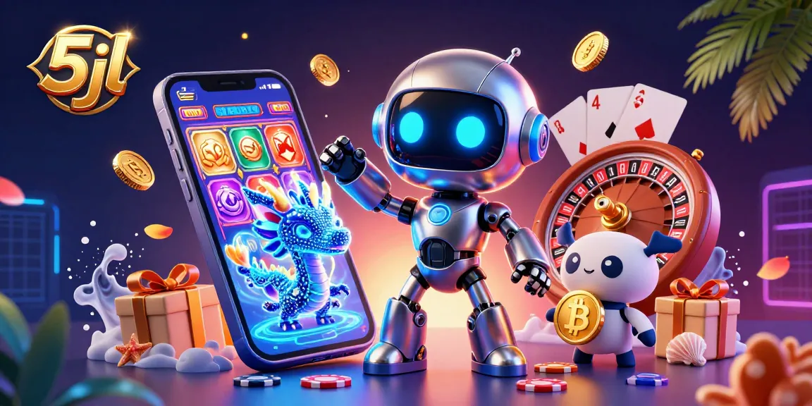 Engage in thrilling crypto gaming with 5jl, featuring a neon-lit casino scene filled with slot games and bitcoin.