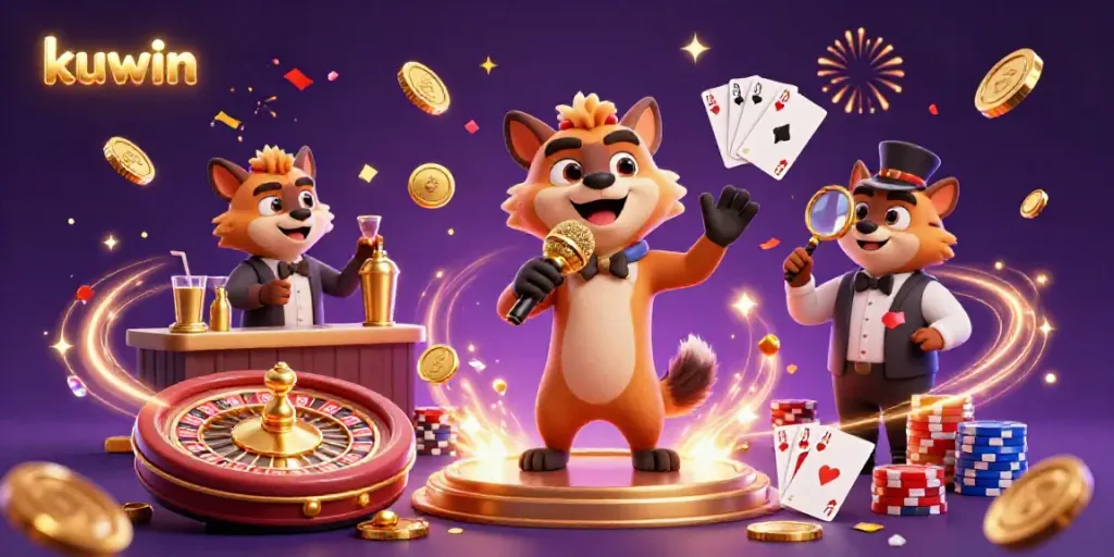 Kuwin comedy casino with hyenas in a lively scene, showcasing a stand-up comedian and glimmering gambling elements.