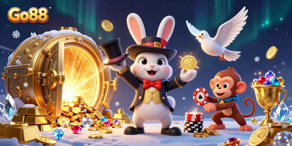 Experience the thrill of Go88 with a magician rabbit, coins, and vibrant casino elements.