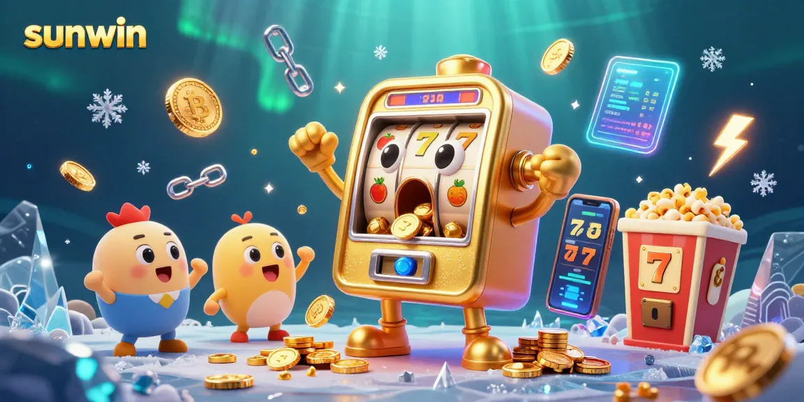 Sunwin slot machine celebrates a jackpot, surrounded by colorful cryptocurrency elements and dynamic gaming features.