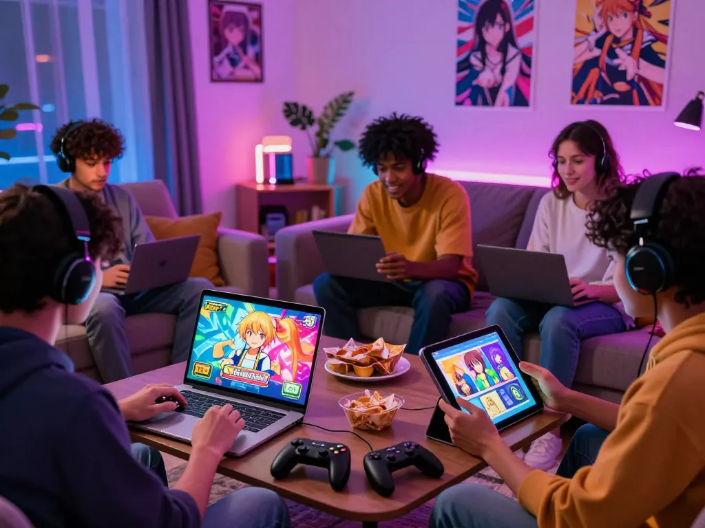 Engaging scene of diverse gamers playing game porn on multiple devices in a cozy setting.