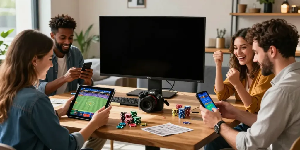 Players enjoying uk88 online betting on mobile devices in a vibrant setting