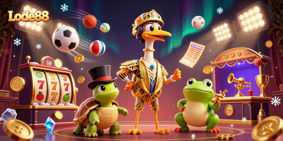 Lode88 showcases a vibrant scene of animated characters celebrating at a speakeasy with sports and casino themes.