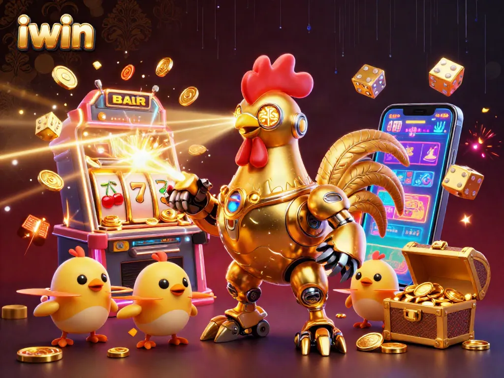 Engage in vibrant slot gameplay with iwin, featuring a golden rooster robot amidst jackpot explosions.