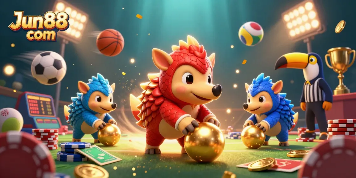 Engage in the thrilling world of Jun88 com with vibrant pangolins battling in a dynamic casino showdown.