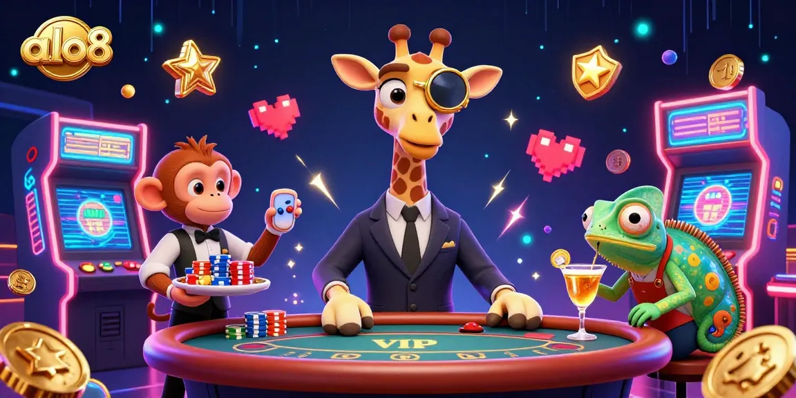 Experience excitement at alo8 with a high-roller giraffe, monkey valet, and chameleon bartender in a lively casino scene.