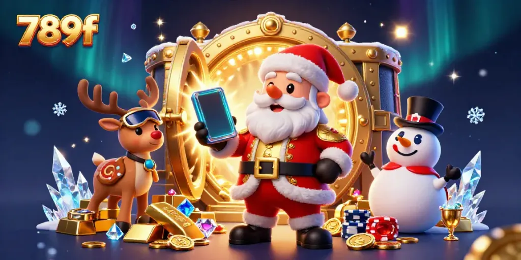 Experience the excitement of 789f with festive characters and jackpot slots in a rich, colorful scene.