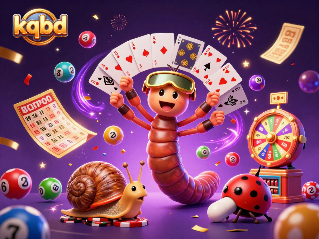 kqbd showcases an energetic casino scene with a cartoon millipede dealer and a snail high-roller.