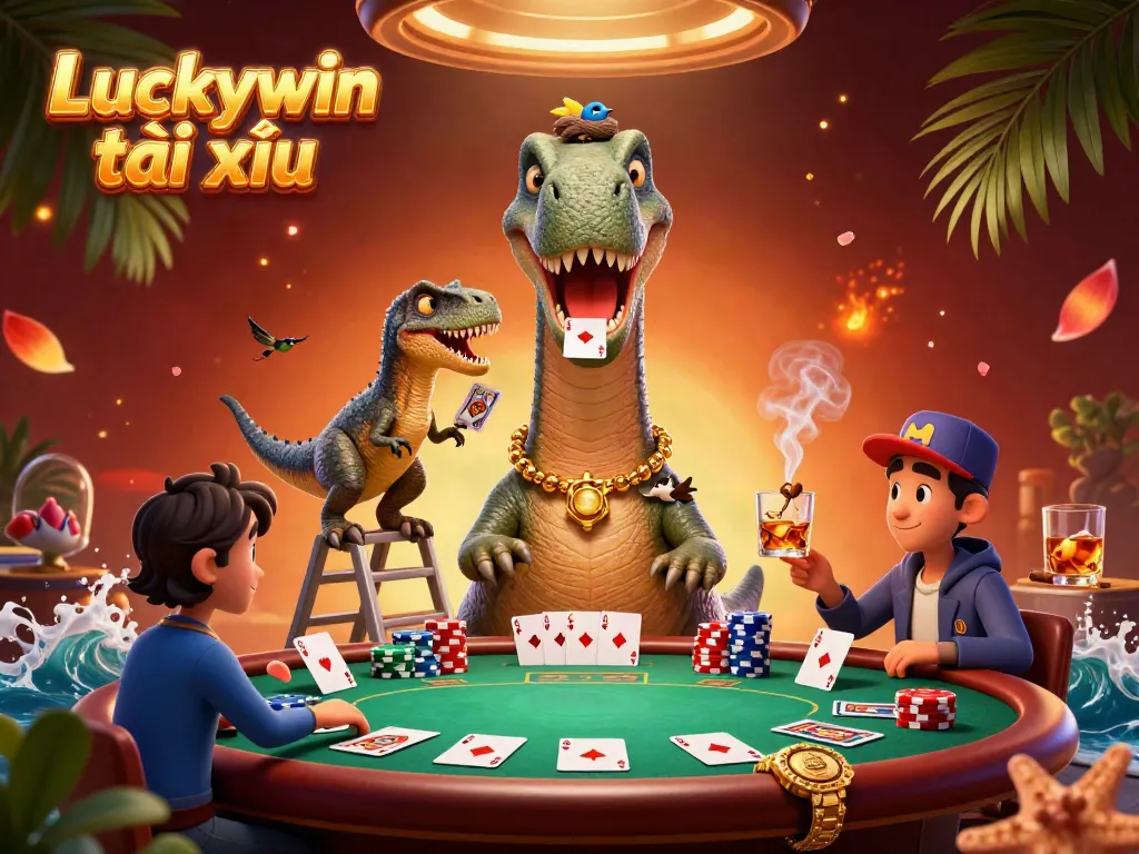 Engaging scene of Luckywin tài xỉu with whimsical characters playing poker surrounded by vibrant casino elements.