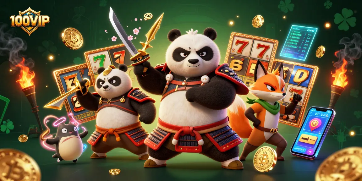 Experience thrilling gameplay at 100VIP with samurai panda, ninja fox, and vibrant slot elements.