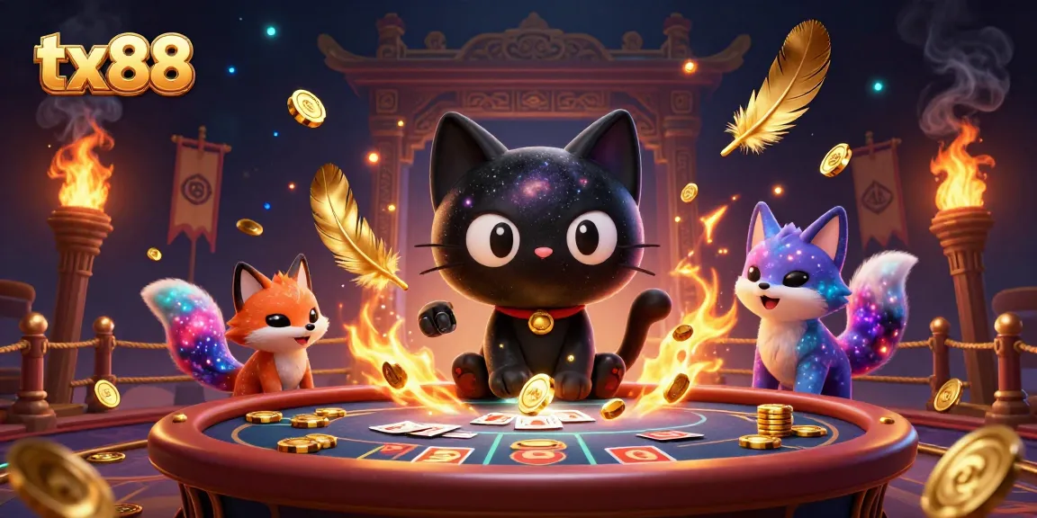 tx88 draws players into vivid casino action with a black hole cat and nebula fox in a dynamic scene.