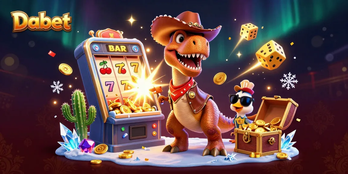 Dabet spins the jackpot, featuring a 3D T-Rex cowboy in an engaging casino scene with colorful elements.