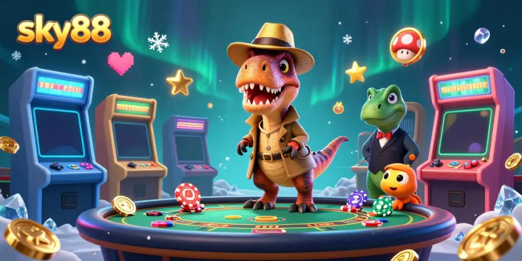 Engage in thrilling gameplay at sky88 with a velociraptor card counter and colorful casino elements.