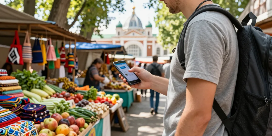 https://payinrussia.com/ ile Rusya'da dijital ödeme yapan turist, yerel pazarda canlı bir atmosferde.