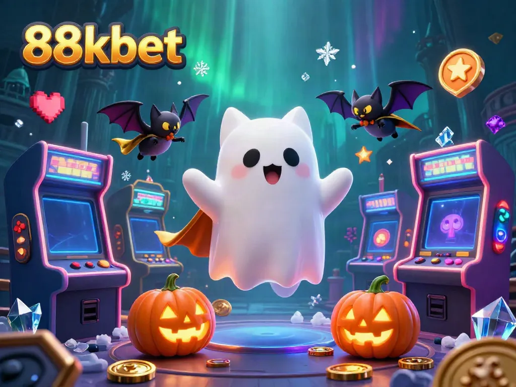 Experience gaming action at 88kbet with a playful ghost cat and vibrant casino elements.