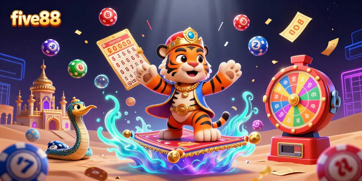 Experience the excitement of five88 with a vibrant Arabian Nights casino scene showcasing dynamic elements and magical characters.