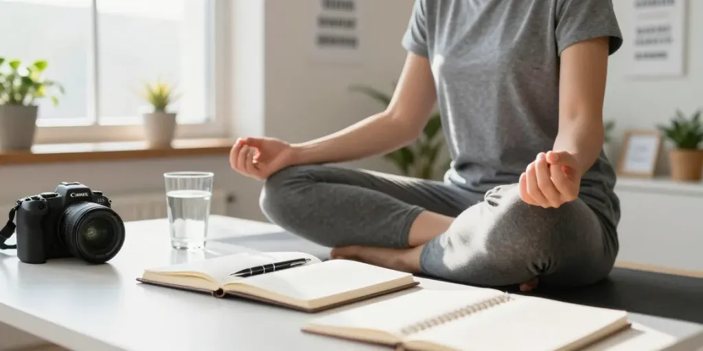 Individual practicing discipline with morning routine in a bright workspace, showcasing rokok88 ethos.