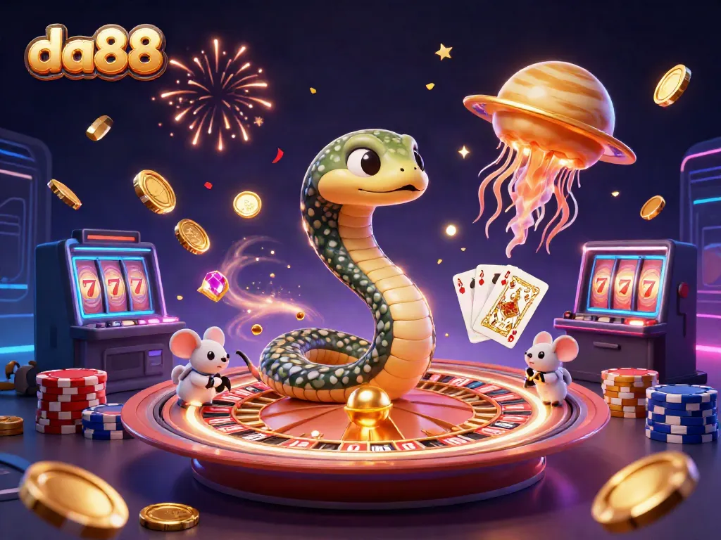Experience the excitement of da88 with a 3D cosmic casino scene featuring betting astronaut mice and spinning roulette wheels.