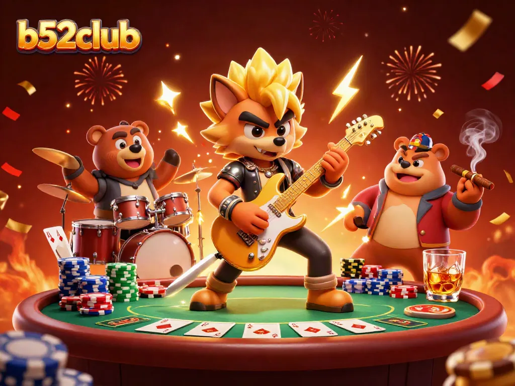 Experience the thrill of b52club with a cartoon wolf rock star and dynamic casino elements.