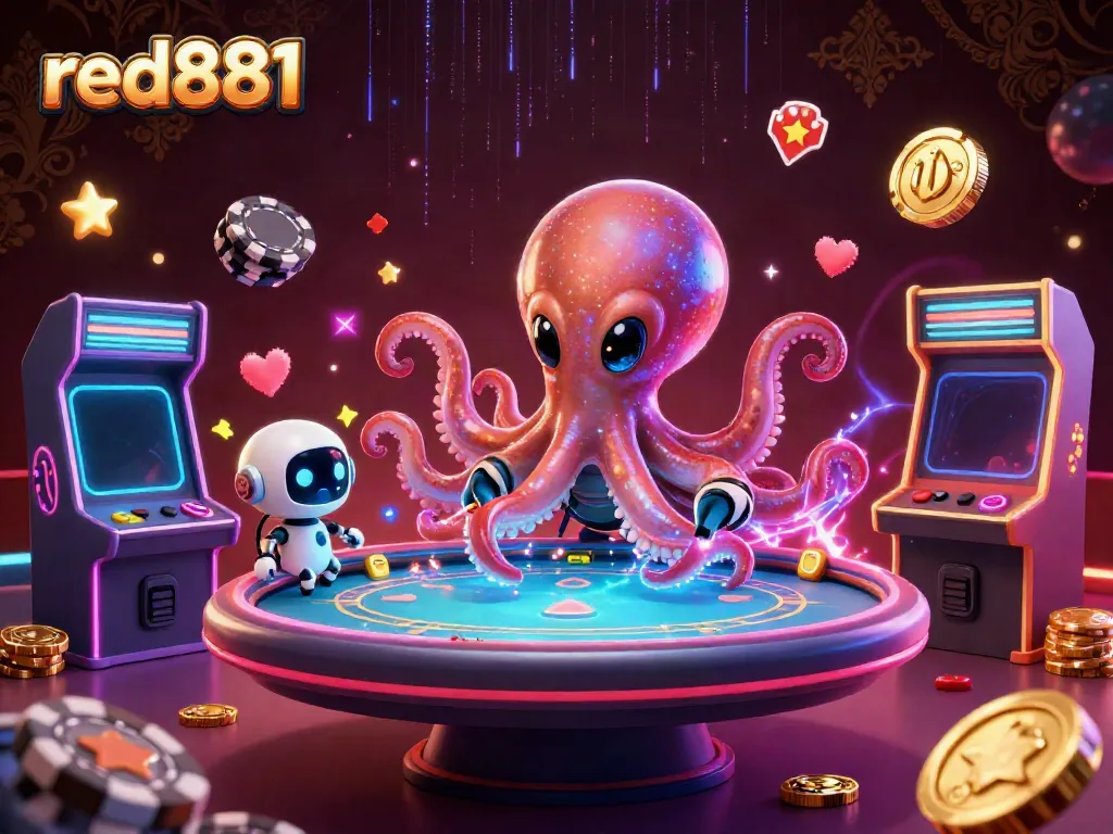 Exciting gaming action at red881 with a vibrant alien octopus and holographic poker setup