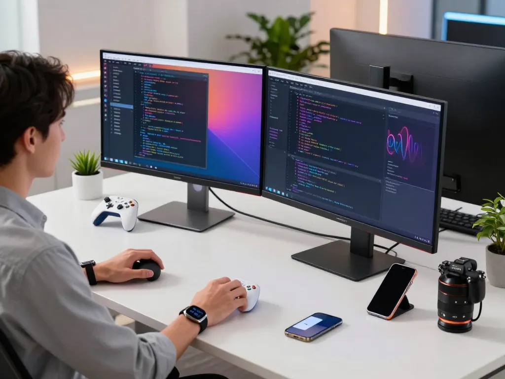 Spotlight on top 10 tech gadgets 2095 in a modern workspace, featuring Bluetooth devices and tech innovations.