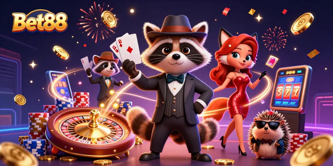 Experience the thrill of Bet88 with a suave raccoon holding a royal flush amidst vibrant casino elements.