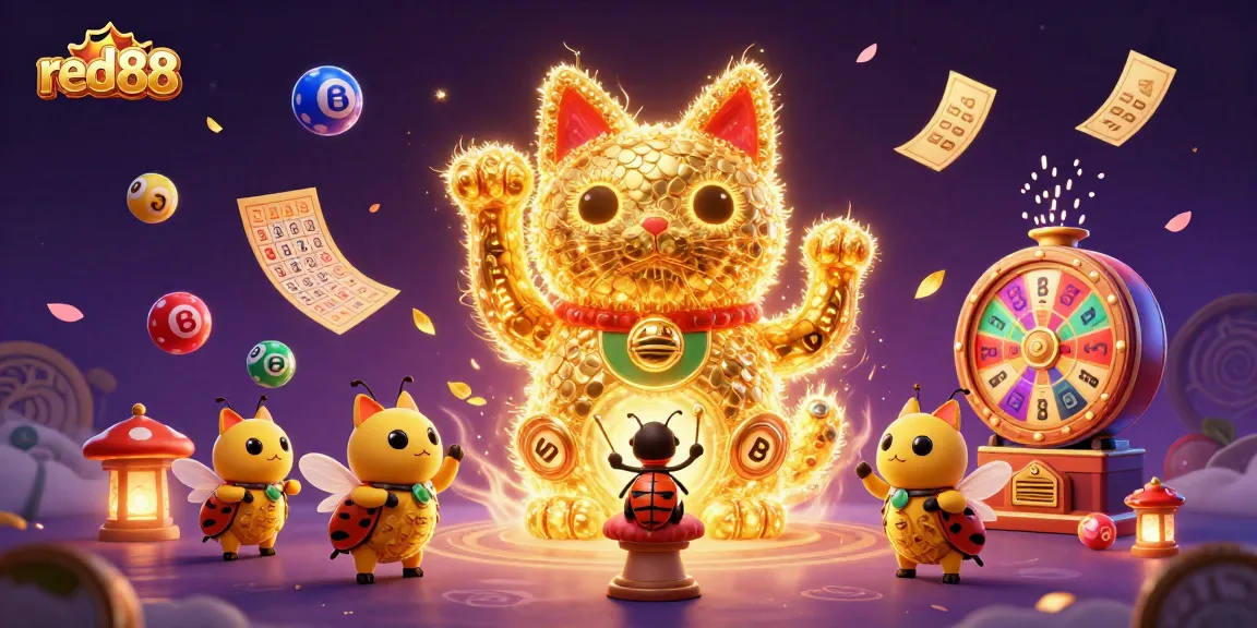 Engage with red88's vibrant gaming scene featuring a giant lucky cat, dynamic lottery elements, and festive illumination.