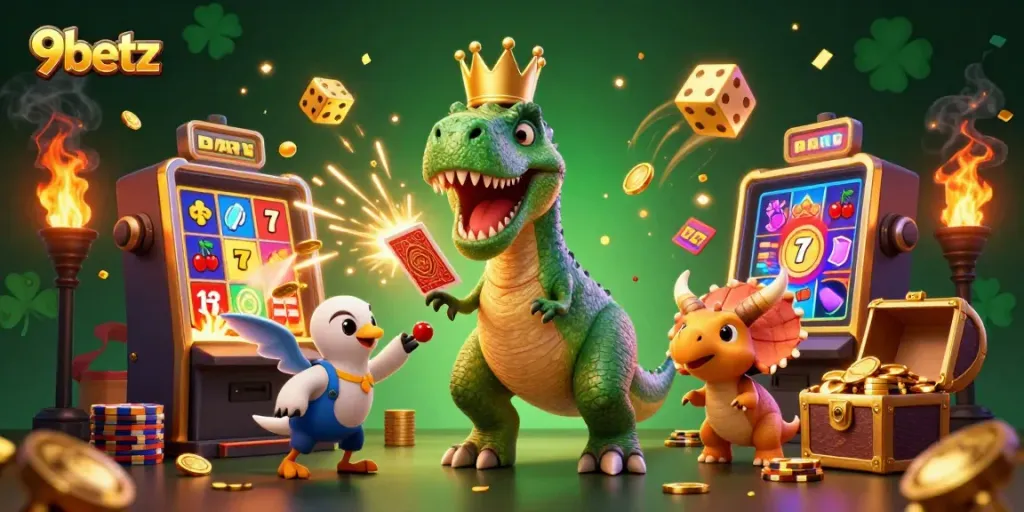 Experience the excitement of 9betz with a vibrant illustration of playful dinosaur characters engaging in casino fun