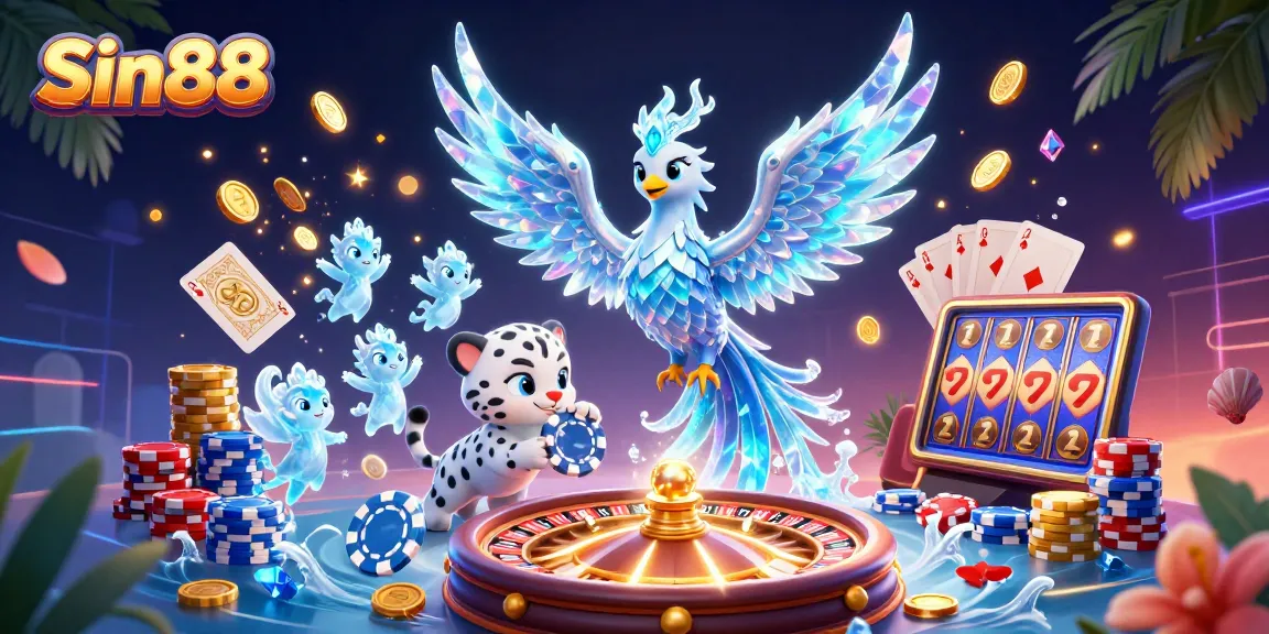 Win big with Sin88 as the ice phoenix, snow leopard cub, and glowing sprites create a vibrant casino scene.