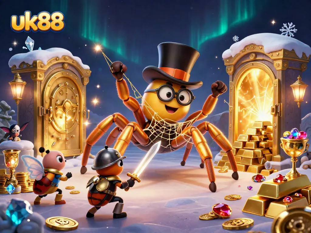 Engage in thrilling gaming with uk88's vibrant casino scene featuring a golden tarantula and heroic knight.