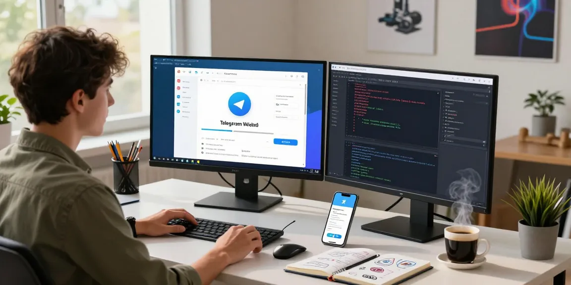 Young professional using the Telegram web version on multiple screens in a bright workspace.