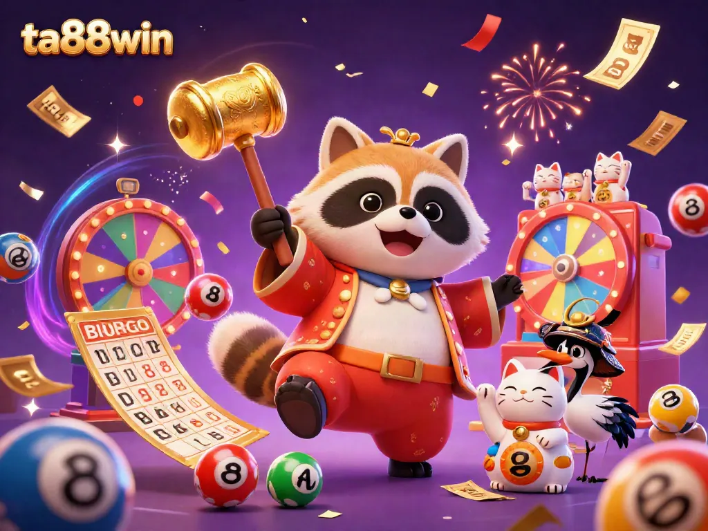 Experience the vibrant casino energy with ta88win in this festive 3D scene of a cheerful tanuki celebrating with golden prizes and lucky symbols.