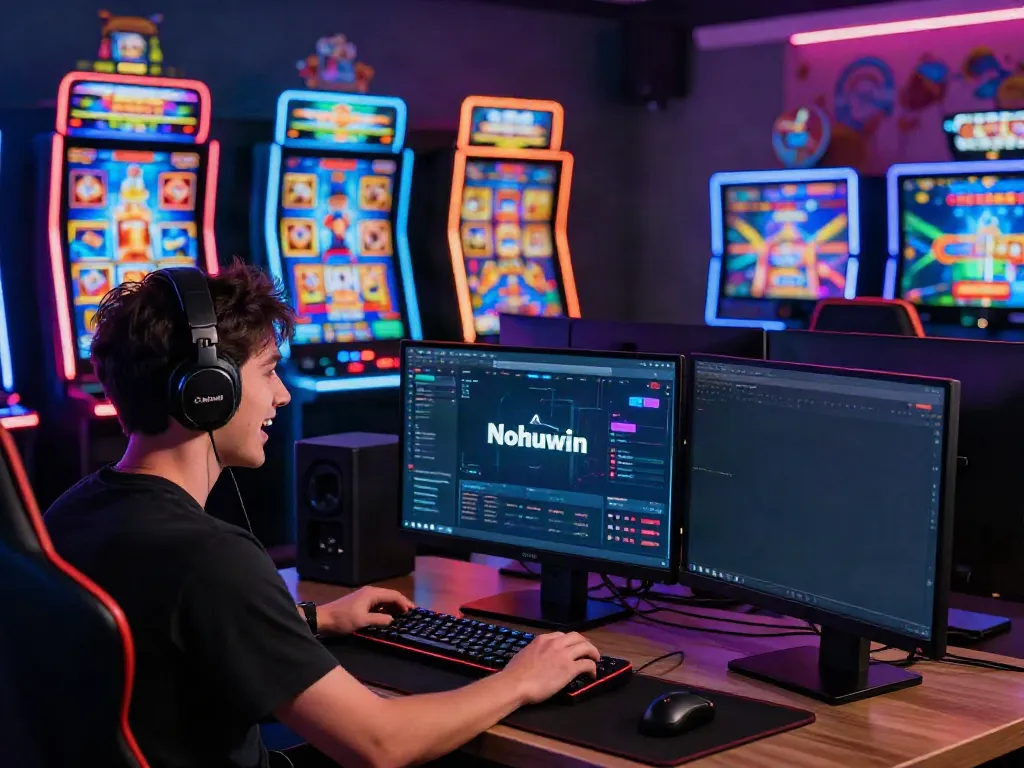 Nohuwin online gaming experience with a gamer enjoying vibrant slot games.