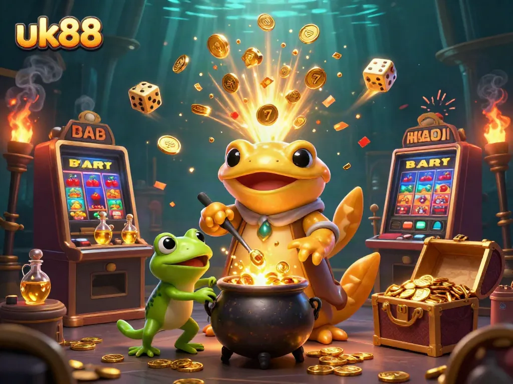 Experience exciting wins at uk88 with a vibrant scene featuring an alchemist, gold coins, and dynamic casino elements.