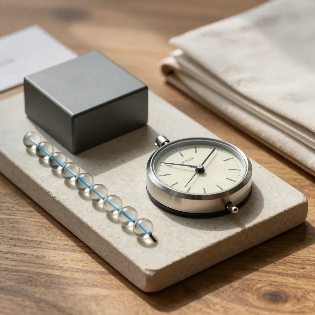 Taş tepside analog sayaç, boncuklar, kapalı defter ve keten kumaş.