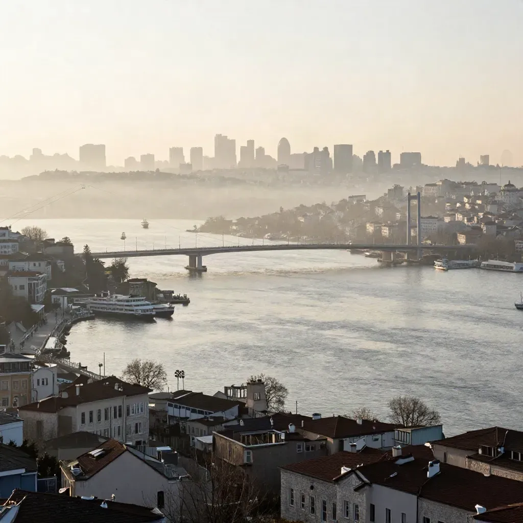 Sisli şafakta Boğaz, köprüler ve kıyı çatılarının üstte, altı sakin suyla dolu panoraması