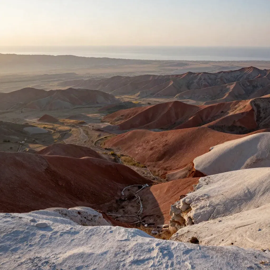 Gün doğumunda katmanlı Anadolu dağları, bozkır ve uzakta gümüş bir deniz şeridi.