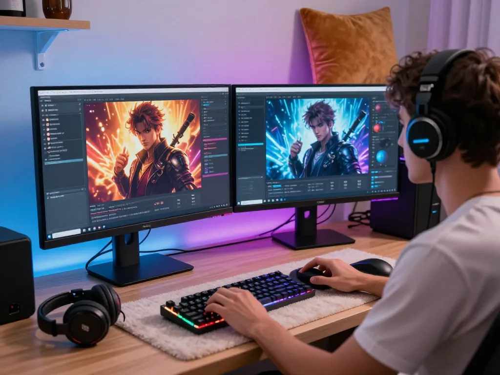 User interacting with crush on ai character AI in a vibrant tech setup, showcasing dynamic chat experience.