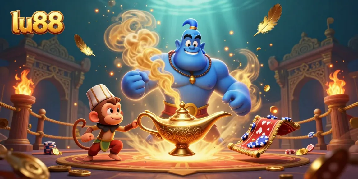 Experience thrilling gameplay with lu88 in this vibrant casino scene featuring a magical genie, poker chips, and dynamic casino elements.