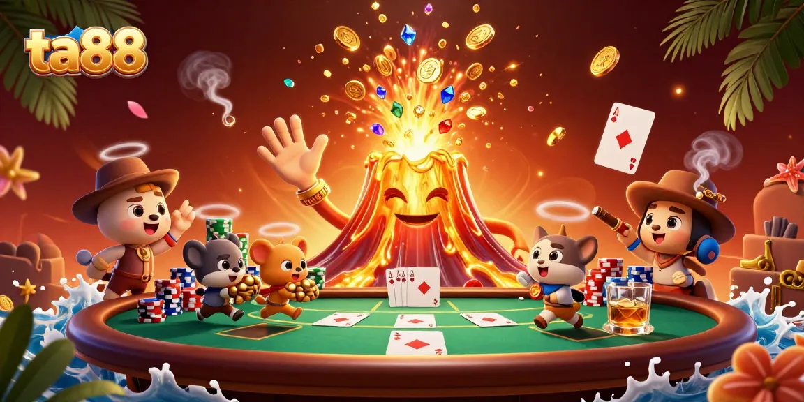 Experience the excitement of ta88 with a thrilling volcano erupting treasure surrounded by a bustling poker setting.