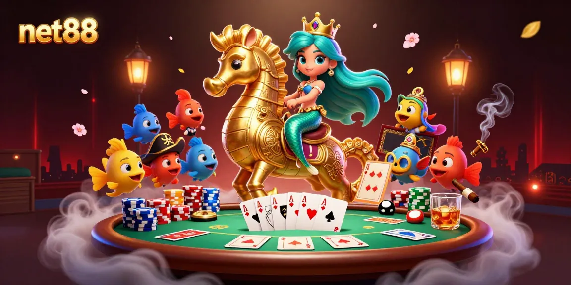 Engage with net88's vibrant 3D scene featuring mermaid princess, seahorse, and poker elements.