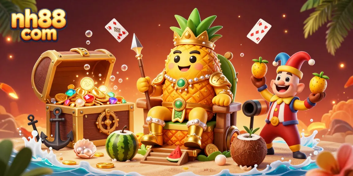 Engage in games at nh88 com while encountering a tropical beach casino scene with vibrant characters!