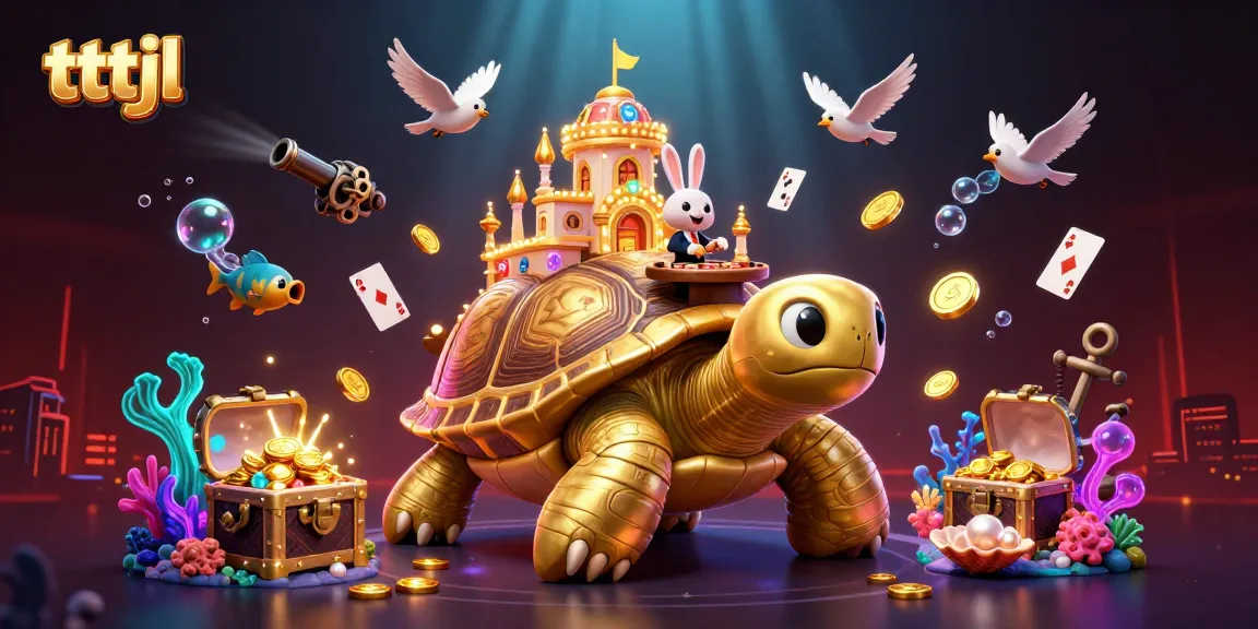 Engage with tttjl through a lively 3D casino scene featuring a golden tortoise, card dealer, and shimmering treasures.