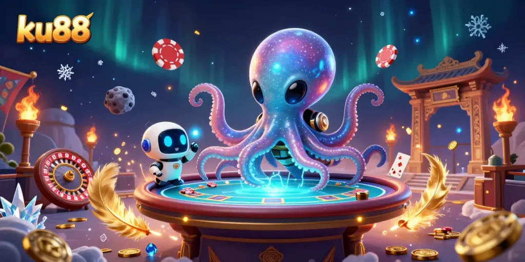 ku88 showcases an alien octopus at a holographic poker table, surrounded by vibrant casino elements.