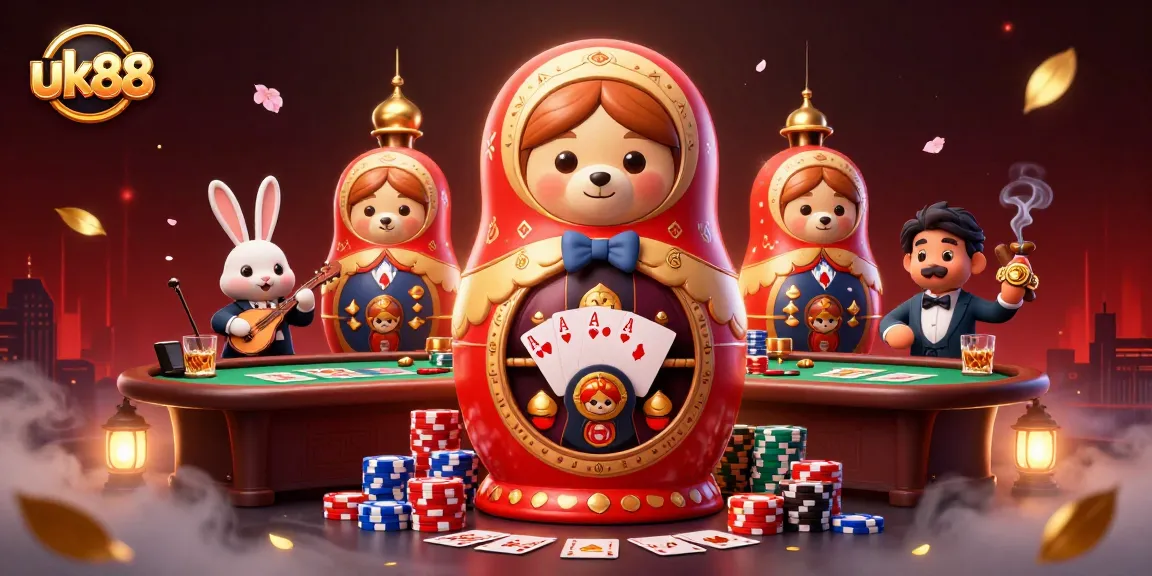 Engage with the captivating uk88 casino scene featuring playful Matryoshka bears and dynamic poker elements.