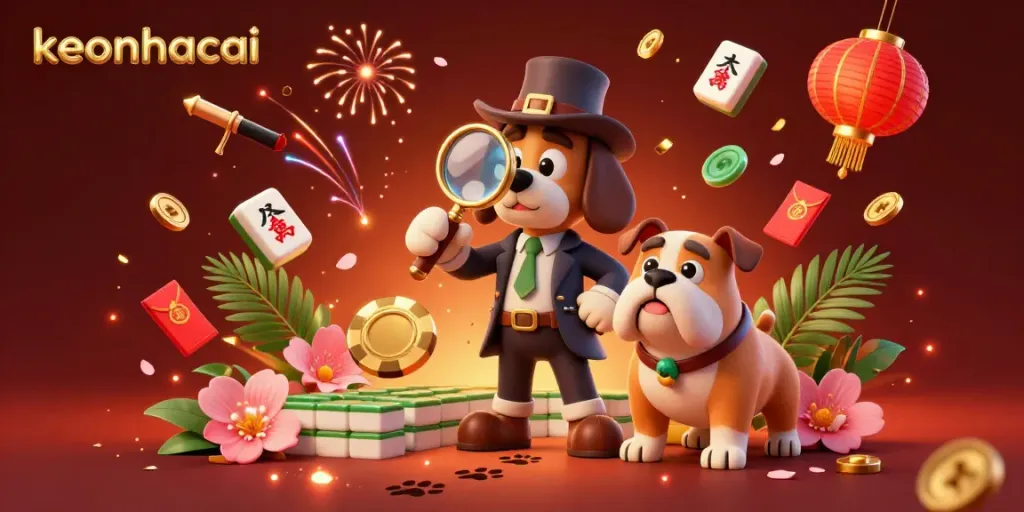 Detectives investigate keonhacai with poker chips and vibrant gambling elements in a colorful 3D scene.