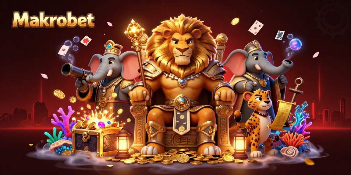 Makrobet casino scene with a lion king, elephant advisor, and cheetah messenger celebrating wins.