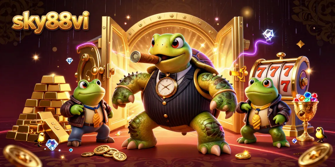 Experience thrilling action at sky88vi with an animated casino scene featuring a stylish turtle and bullfrog enforcers.